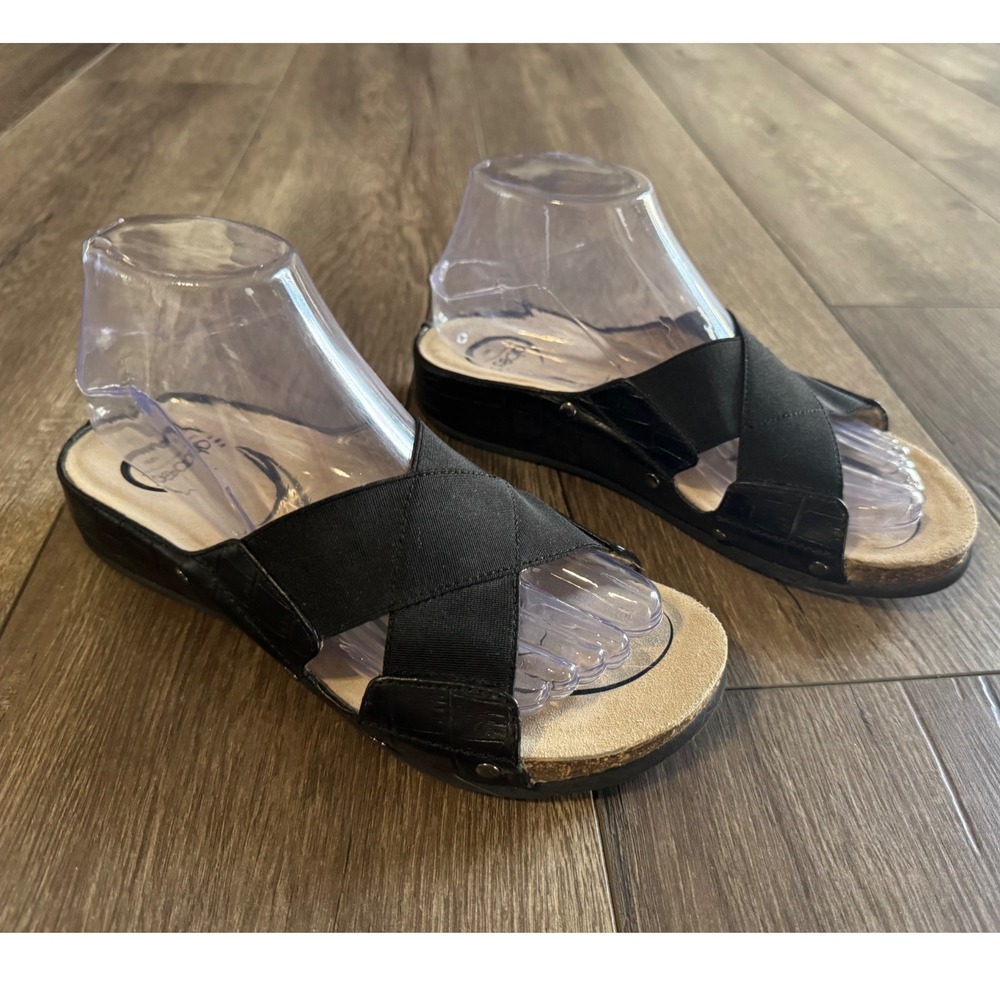 Abeo Black Leather Criss Cross Comfort Slides Size 7